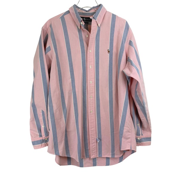 VTG Ralph Lauren Men OXFORD Shirt 17-35 Pink Stripe Long Sleeve FLESH PONY - Picture 1 of 7